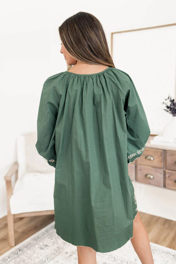 Mist Green Tie Neck Boho Floral Pattern Puff Sleeve Shift Dress - Image 2