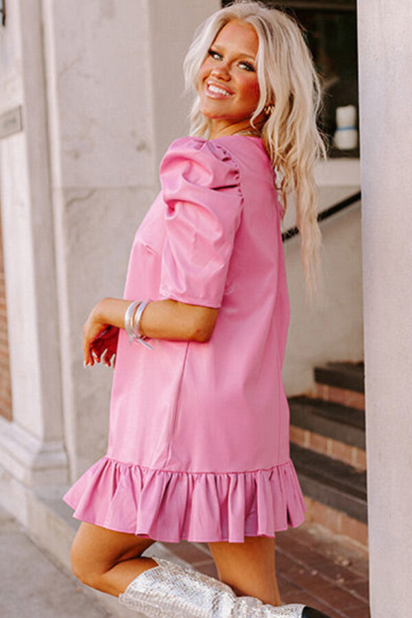 Sachet Pink Pleather Bubble Short Sleeve V Neck Ruffled Hem Mini Dress - Image 3