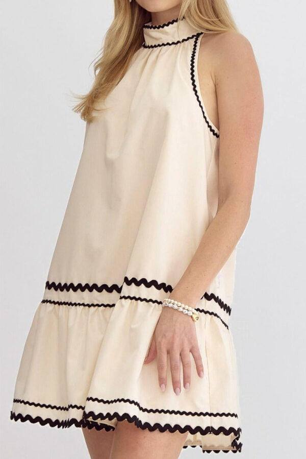 Khaki Stripe Ric Rac Trim Halter A-line Sleeveless Mini Dress - Image 3