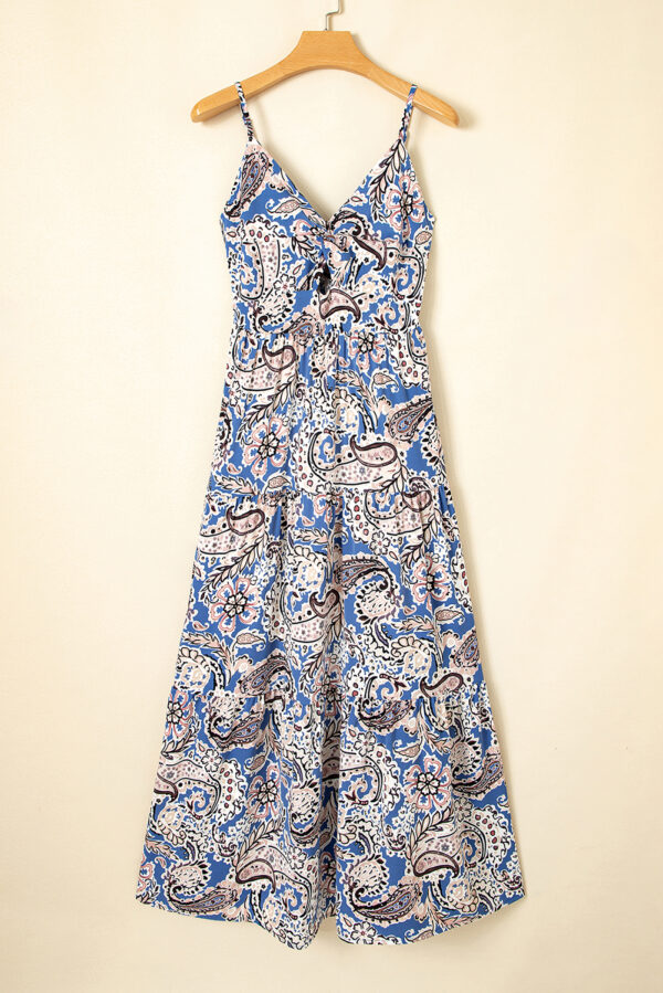 Blue Paisley Print Twist Detail Smocked Back Spaghetti Straps Long Dress - Image 2