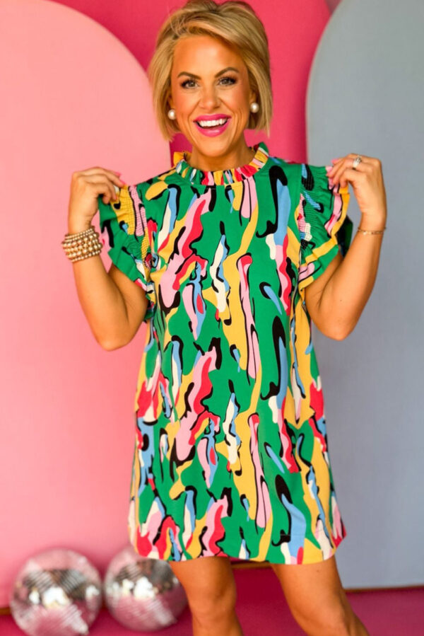 Green Abstract Print Frilled Neck Ruffled Sleeve Mini Dress - Image 3