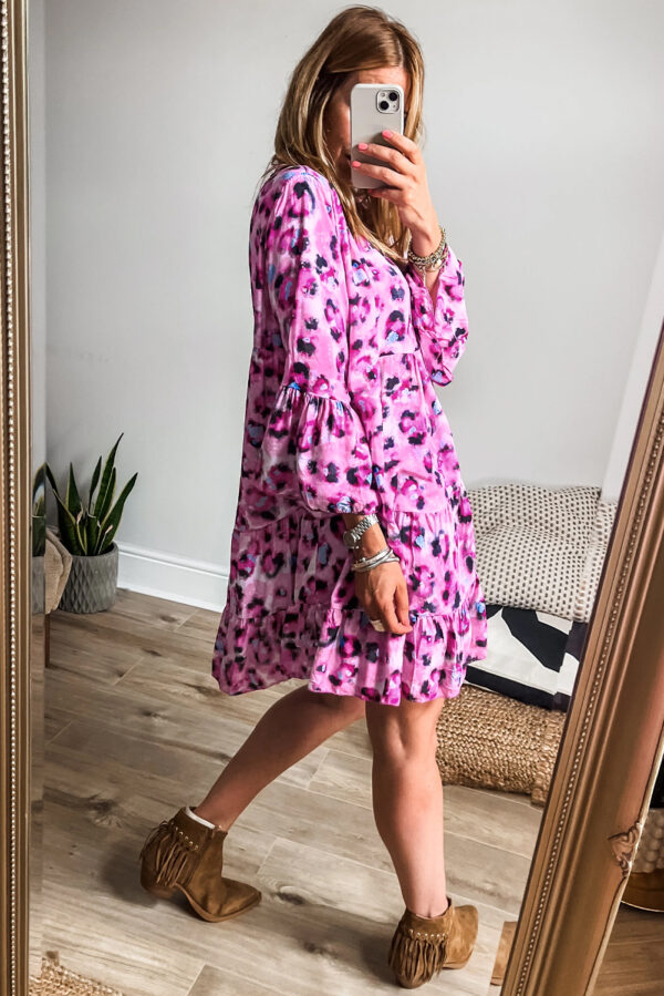 Khaki Leopard Print Buttoned Front 3/4 Sleeve Tiered Ruffled Hem Dress - Image 8
