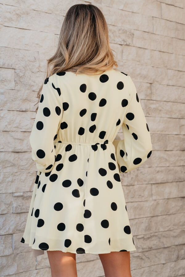 Beige Polka Dot Printed Surplice V Neck Puff Sleeve Mini Dress - Image 2