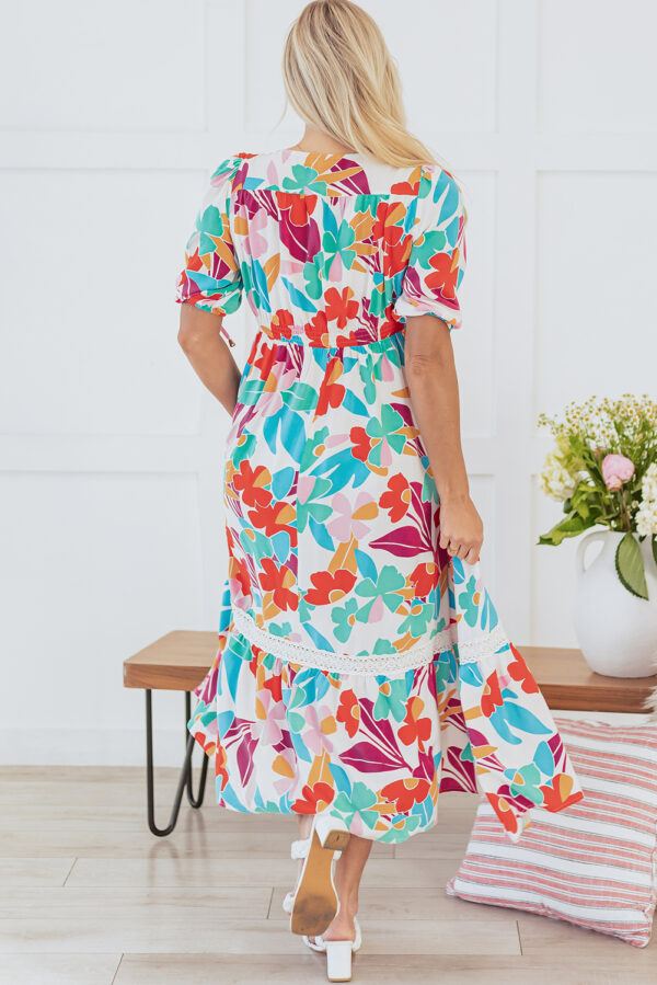 Rose Red Floral Knot Puff Sleeve V Neck Buttoned Front Split Lace Maxi Dress - Image 2