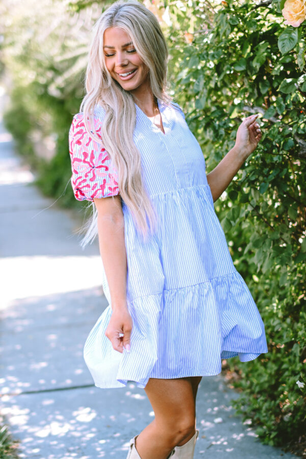 Sky Blue Stripe Contrast Floral Puff Sleeve Tiered Ruffle Dress - Image 3