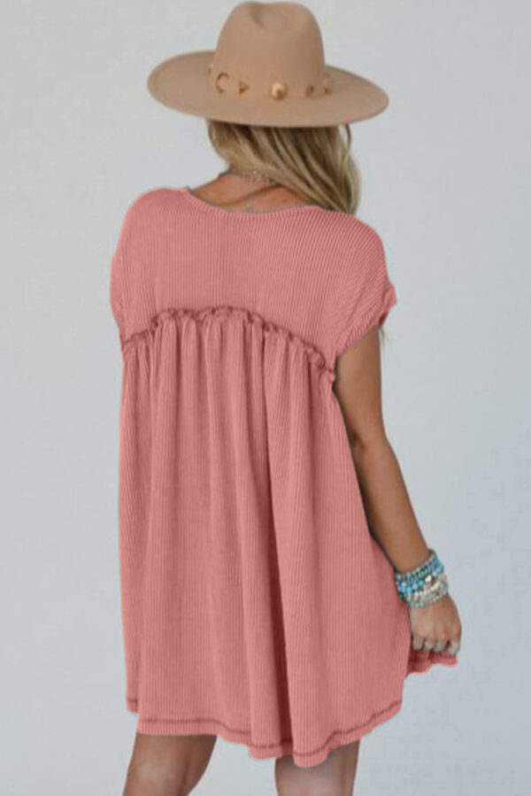 Dusty Pink Corded Knit Textured Patched Pocket Frilled Swing Mini Dress with Pockets - Image 2