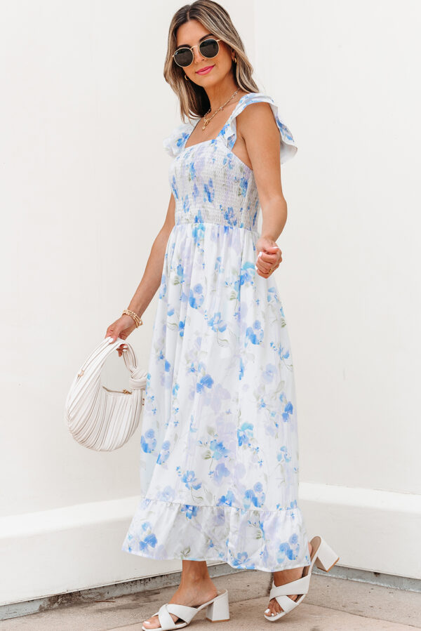 Sky Blue Floral Smocked High Waist Double Ruffle Sleeveless Long Dress - Image 3