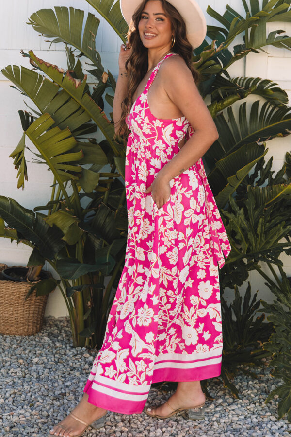 Rose Floral V Neck Crisscross Backless Maxi Dress - Image 3