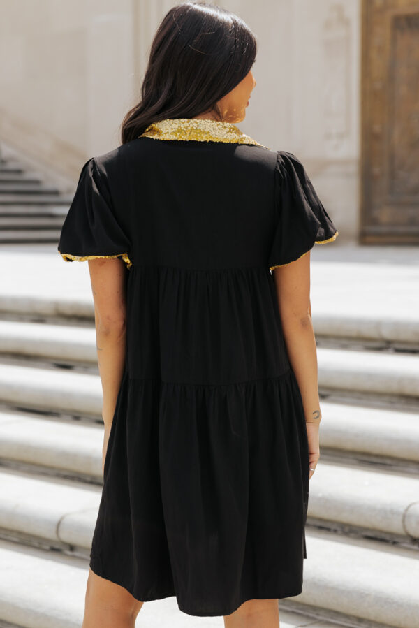 Black Sequin Trim Bubble Sleeve Game Day Shirt Dress - Image 2