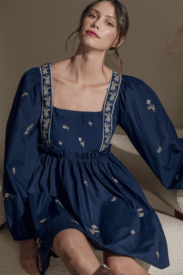 Blue Floral Embroidered Square Neck Puff Sleeve Ruffled Mini Dress - Image 3