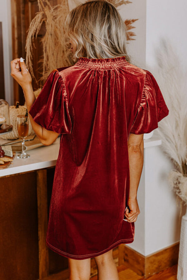Cinnamon Velvet Smocked Neckline Puff Sleeve Shift Mini Dress - Image 2