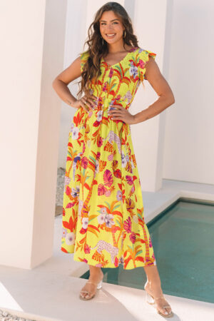 Yellow Cheetah Plant Print Shirred Button V Neck Maxi Dress