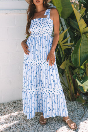 Sky Blue Floral Smocked Tied Straps A-Lined Tiered Maxi Dress