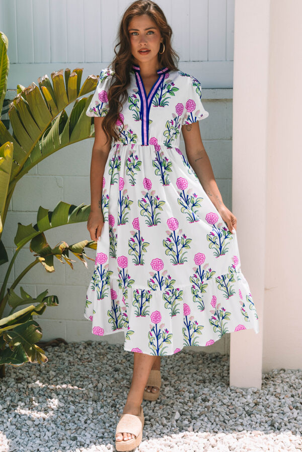 White Floral Puff Short Sleeve V Neck High Waist Maxi Dress - Image 4