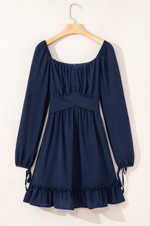 Blue White Plain Ruffled High Waist Square Neck Mini Dress - Image 4