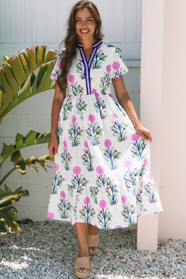 White Floral Puff Short Sleeve V Neck High Waist Maxi Dress - Image 8
