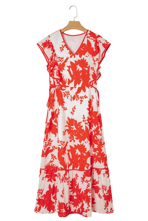 Red Floral Print Trimmed V Neck Ruffle Sleeve Long Dress - Image 12