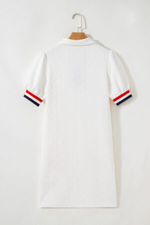 White Textured Jacquard Colorblock Edge Puff Sleeve Quarter Zip Mini Dress