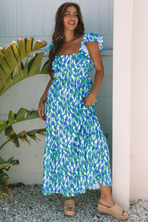 Pink Floral Print Square Neck Ruffled Strap Maxi Dress