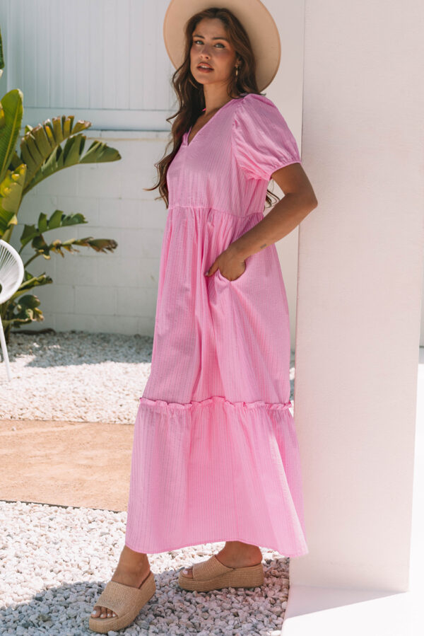 Pink Stripe V Neck Puff Short Sleeve Maxi Dress - Image 6
