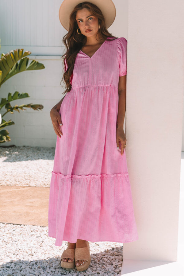 Pink Stripe V Neck Puff Short Sleeve Maxi Dress - Image 7