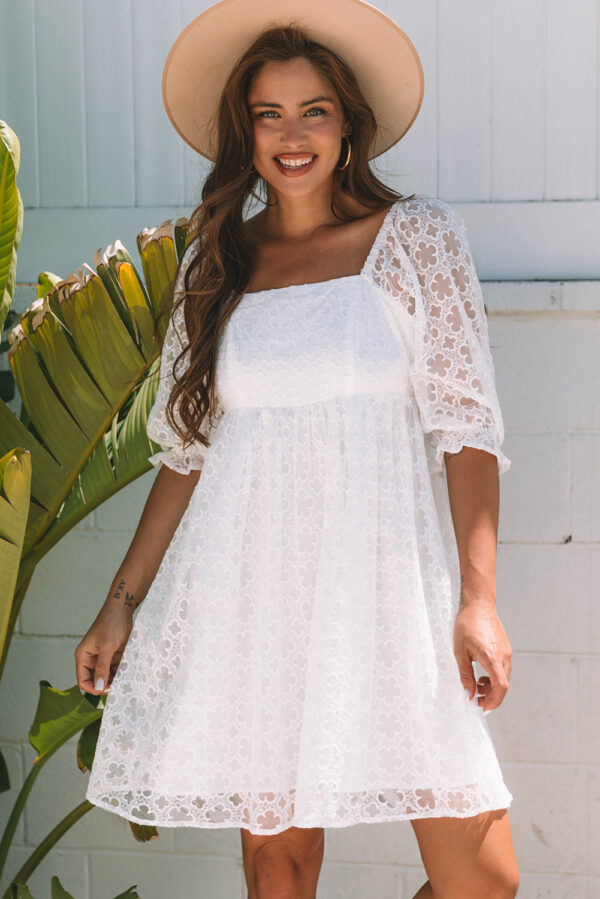 White Floral Lace Puff Sleeve Empire Waist Mini Dress - Image 4