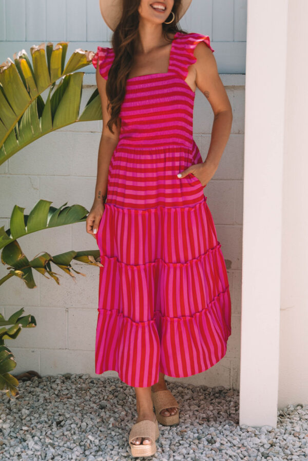 Rose Stripe Flutter Sleeve Smocked Bodice Tiered Maxi Dress - Image 11