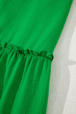 Green Ruffled Flutter Sleeve Square Neck Textured Tiered Maxi Dress