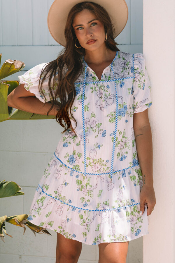 Pink Floral Striped Print Contrast Trim Tie Split Neck Mini Dress - Image 7