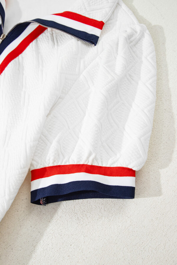 White Textured Jacquard Colorblock Edge Puff Sleeve Quarter Zip Mini Dress - Image 7