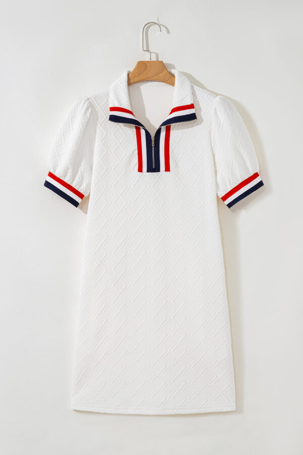 White Textured Jacquard Colorblock Edge Puff Sleeve Quarter Zip Mini Dress - Image 3