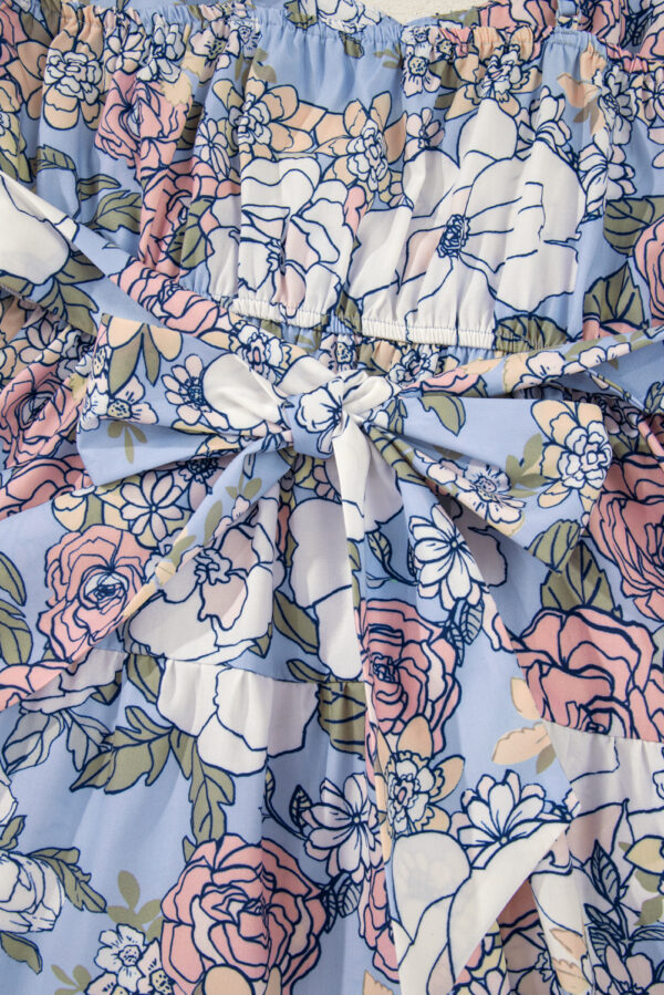 Sky Blue Floral Tiered Patchwork Spaghetti Strap Vacation Dress - Image 11