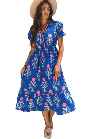 Sky Blue Floral Puff Short Sleeve V Neck High Waist Maxi Dress