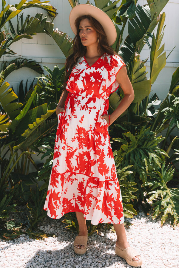 Red Floral Print Trimmed V Neck Ruffle Sleeve Long Dress - Image 4