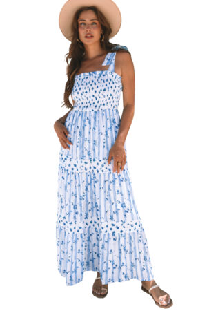 Sky Blue Floral Smocked Tied Straps A-Lined Tiered Maxi Dress