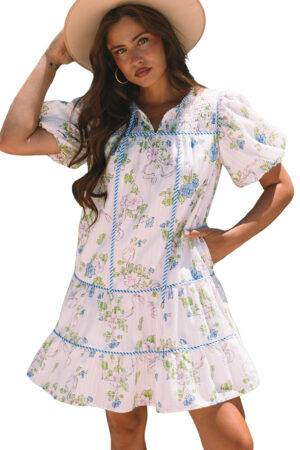 Pink Floral Striped Print Contrast Trim Tie Split Neck Mini Dress