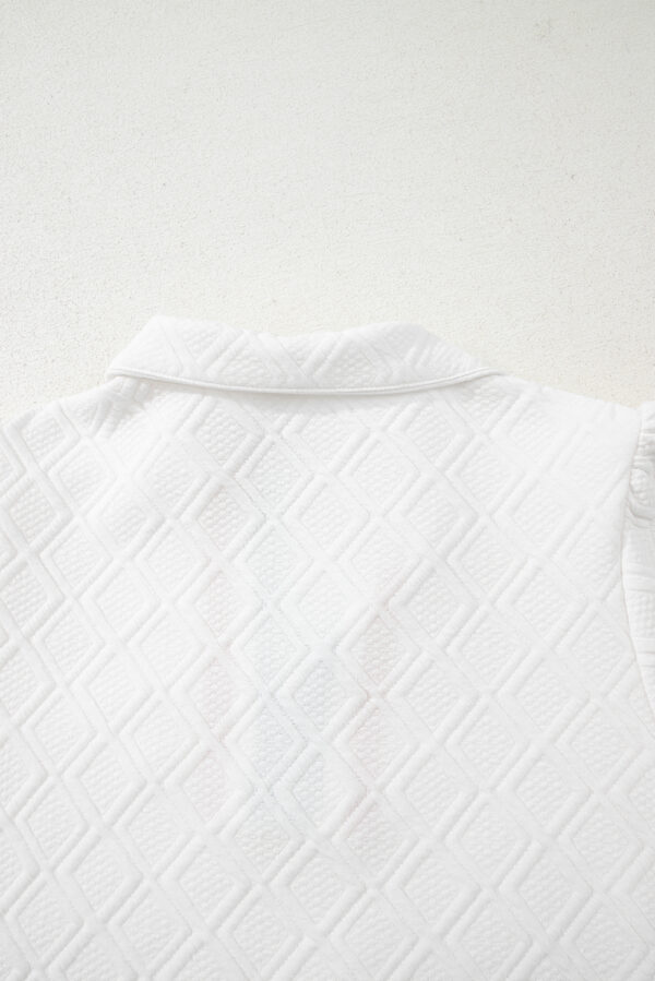 White Textured Jacquard Colorblock Edge Puff Sleeve Quarter Zip Mini Dress - Image 9