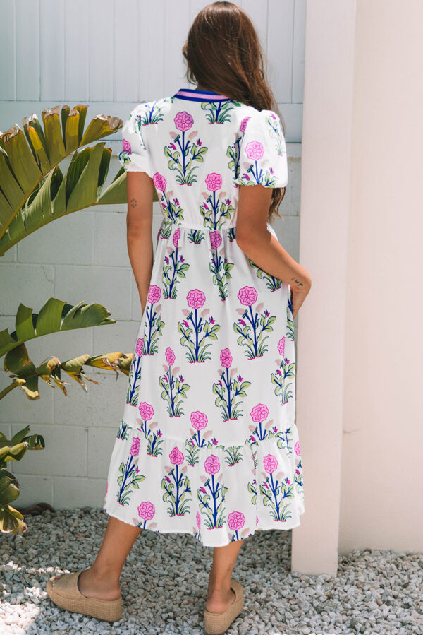 White Floral Puff Short Sleeve V Neck High Waist Maxi Dress - Image 5