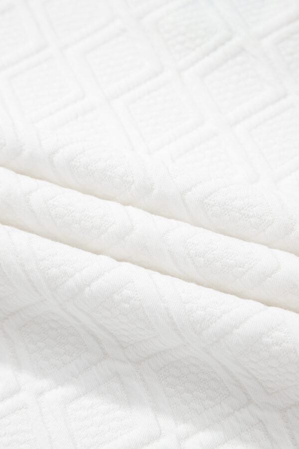 White Textured Jacquard Colorblock Edge Puff Sleeve Quarter Zip Mini Dress - Image 12