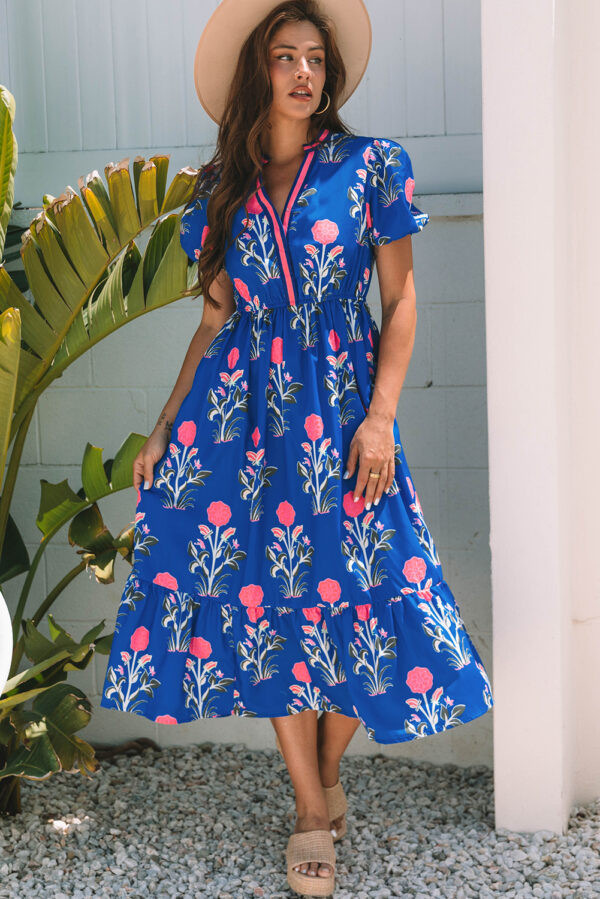 Sky Blue Floral Puff Short Sleeve V Neck High Waist Maxi Dress - Image 4