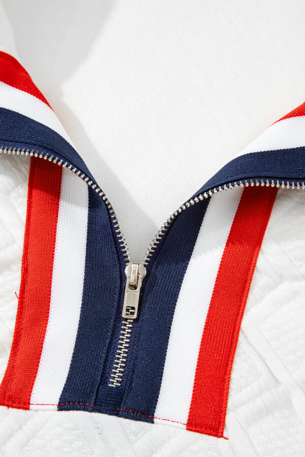 White Textured Jacquard Colorblock Edge Puff Sleeve Quarter Zip Mini Dress - Image 6