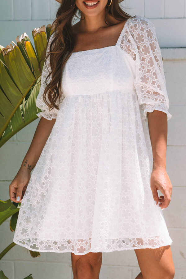White Floral Lace Puff Sleeve Empire Waist Mini Dress - Image 10