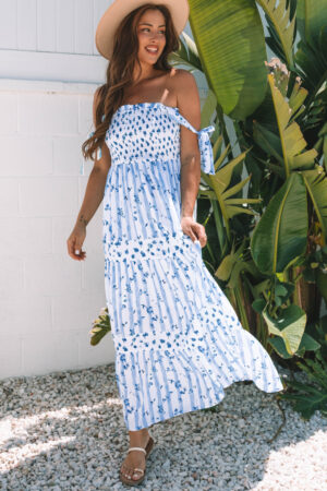 Sky Blue Floral Smocked Tied Straps A-Lined Tiered Maxi Dress