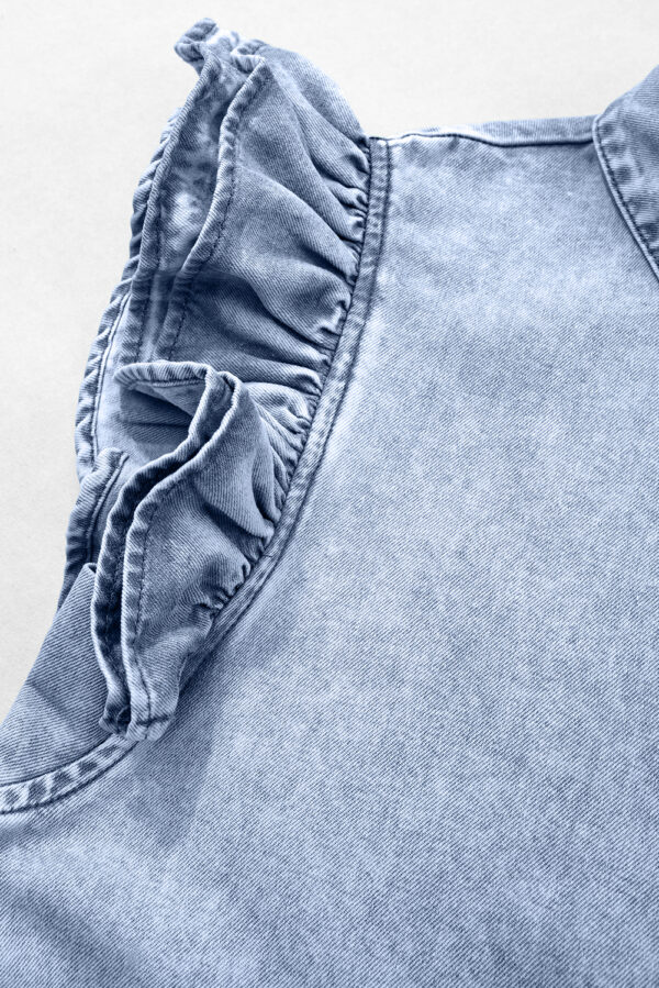 Beau Blue Double Ruffled Sleeves Buttoned A-line Collared Mini Denim Dress - Image 10