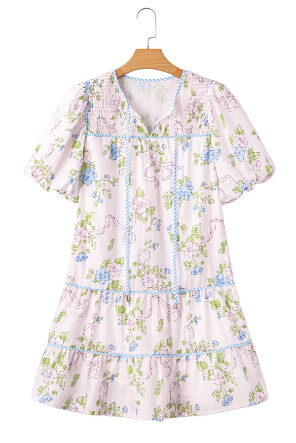 Pink Floral Striped Print Contrast Trim Tie Split Neck Mini Dress - Image 13