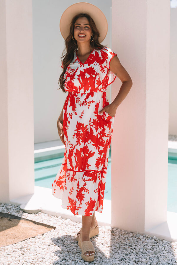 Red Floral Print Trimmed V Neck Ruffle Sleeve Long Dress - Image 8