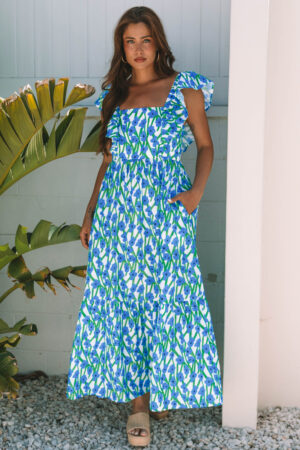 Pink Floral Print Square Neck Ruffled Strap Maxi Dress