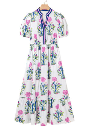 White Floral Puff Short Sleeve V Neck High Waist Maxi Dress