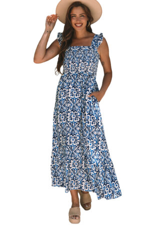 Sky Blue Boho Print Smocked High Waist Maxi Dress