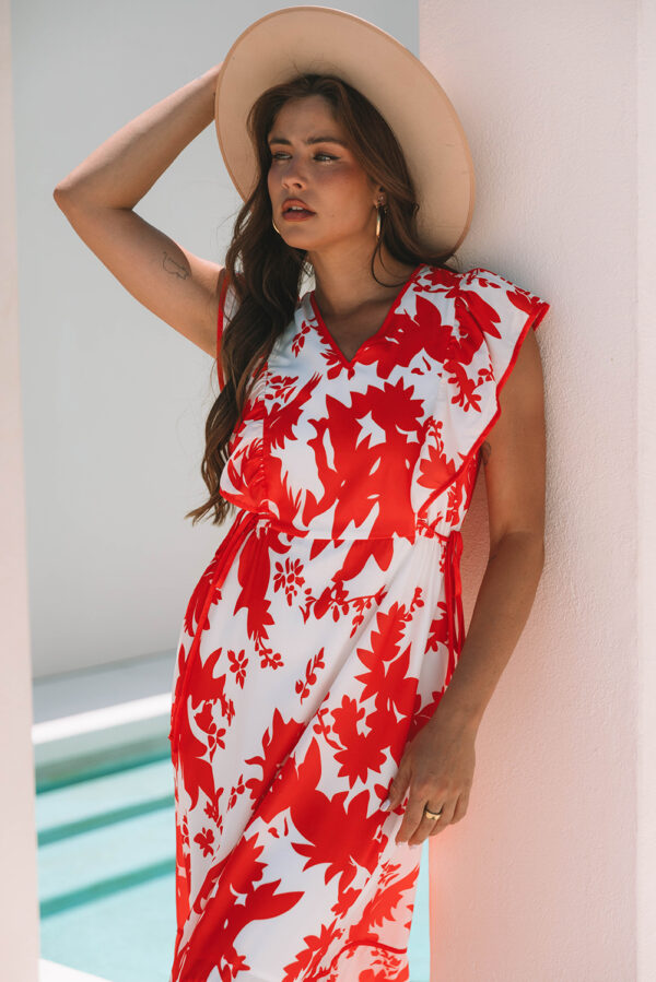 Red Floral Print Trimmed V Neck Ruffle Sleeve Long Dress - Image 9